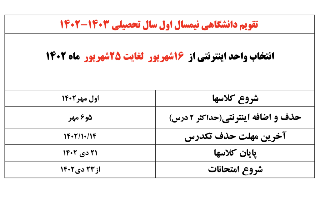 تصویر: تقویم دانشگاهی نیمسال اول  سال تحصیلی ۱۴۰۳-۱۴۰۲